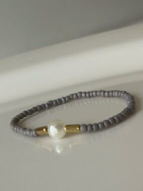 Gray Beaded Pearl Accent Stretch Bracelet - Women Jewelry